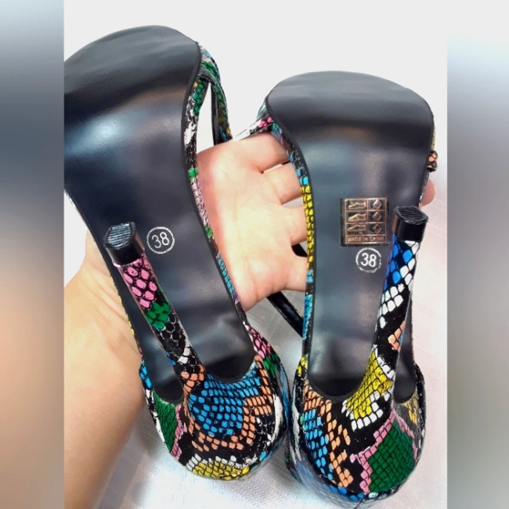 Heels Open Toe Women Shoes Rainbow Faux Snakeskin Strap Fashion Shoes Size 38 - Picture 10 of 10